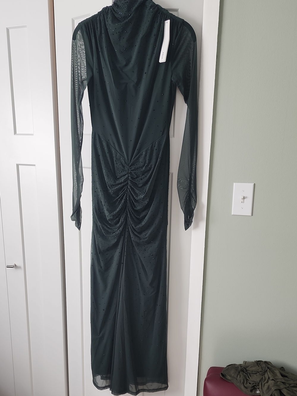 Aqua Long-Sleeve Dark Green Ruched Mesh Evening Gown